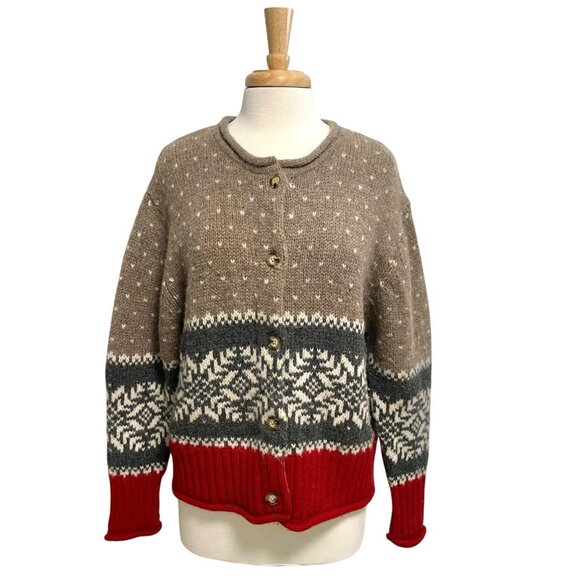 Vintage Eddie Bauer 100% Wool Nordic Snowflake Holiday Cardigan Sweater size XL - Picture 1 of 6
